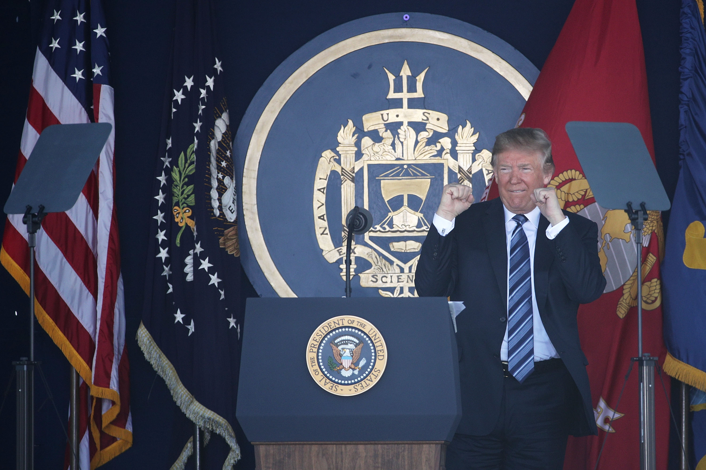 President Donald Trump gestures during a U.S. Naval Academy graduation ceremony at the Navy-Marine Corps Memorial Stadium May 25, 2018 in Annapolis, Maryland. CREDIT: Alex Wong/Getty Images.
