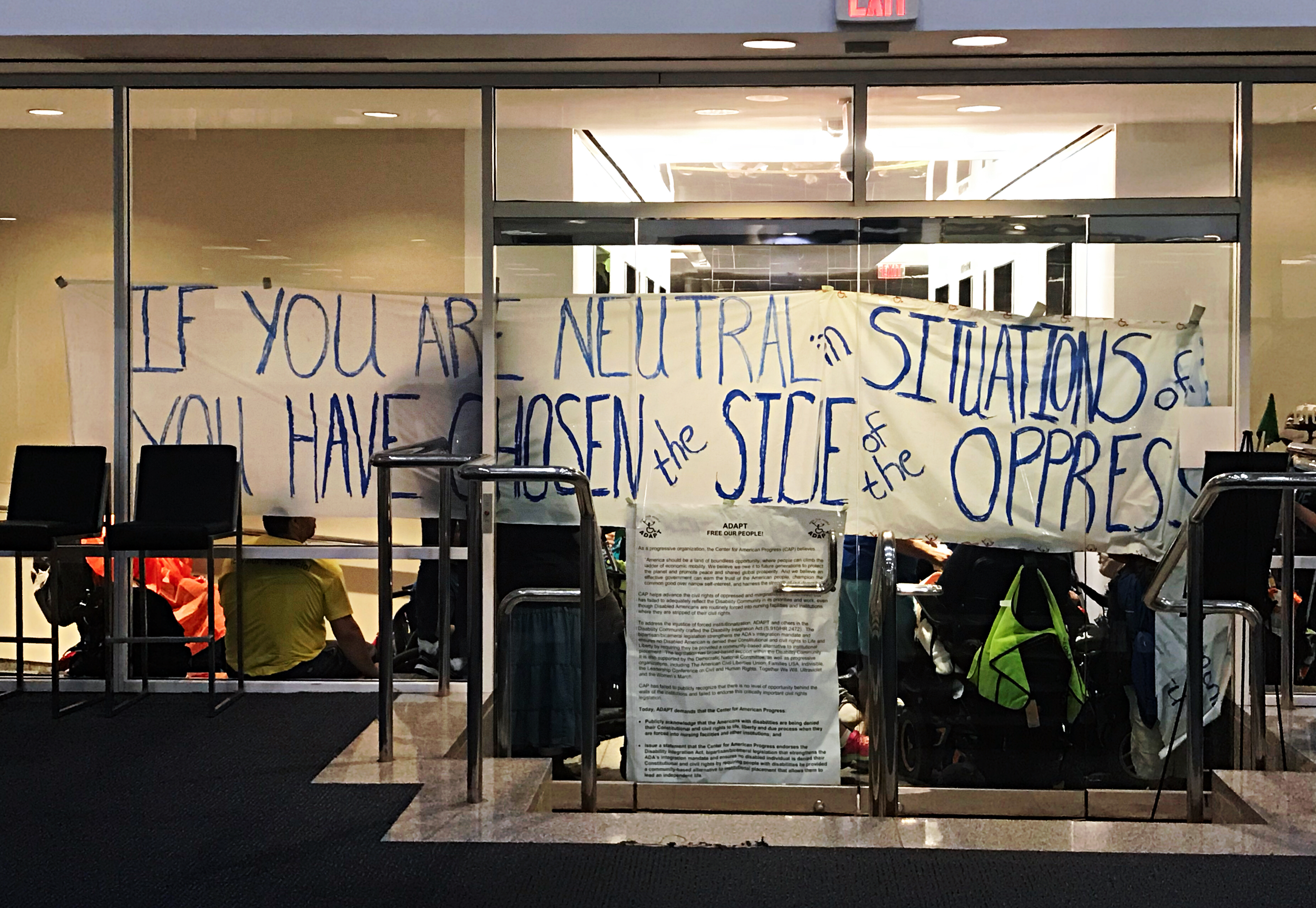 ADAPT staged a protest at the Center for American Progress. After two hours of protesting, ADAPT got CAP to sponsor the DIA, May 15, 2018.
(CREDIT: Melanie Schmitz)
