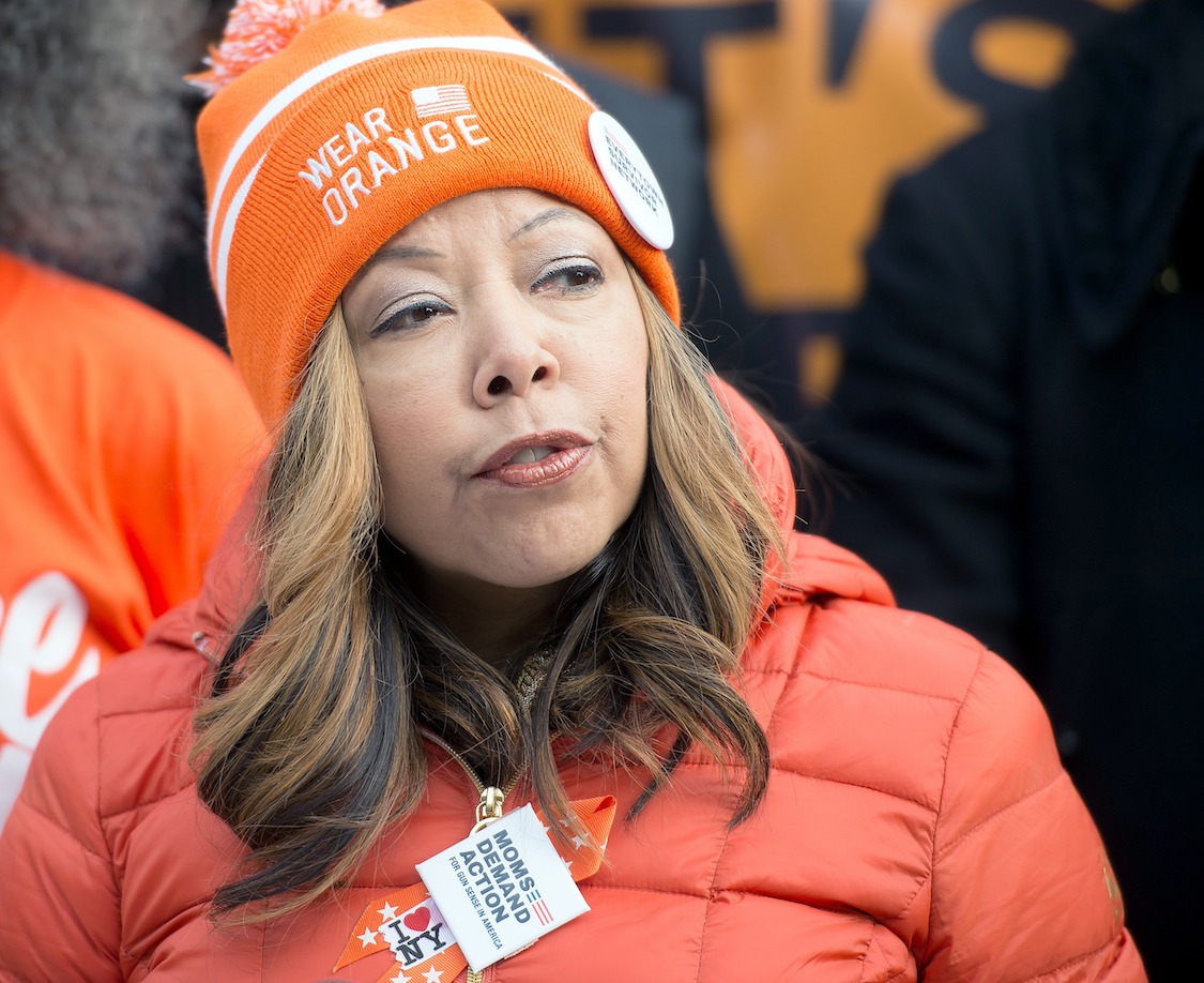Lucy McBath speaks during the 6th Annual New York Peace Week Press Conference at City Hall on January 15, 2016 in New York City. CREDIT: Mike Pont/WireImage