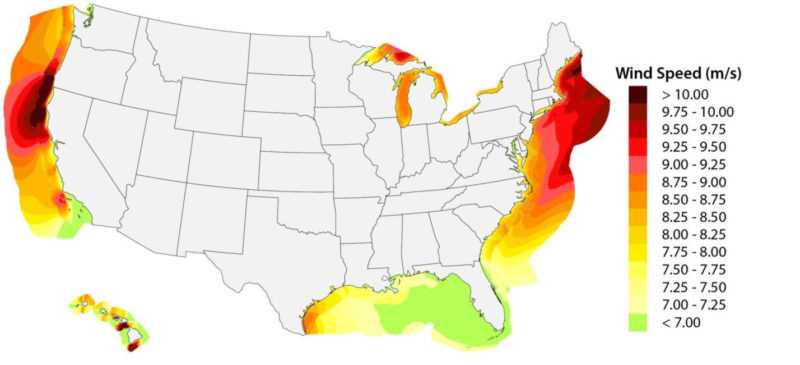 U.S. wind energy potential based on average wind speeds at 300 feet, the height of most turbines. The northeastern U.S. and Northern California coasts (in red) have the greatest potential. CREDIT: National Renewable Energy Laboratory