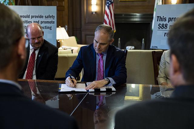 On May 17, 2018, EPA Administrator Scott Pruitt Scott Pruitt signed the Risk Management Program Reconsideration proposed rule at EPA headquarters in Washington, D.C. Trade unions and public safety advocates condemned Pruitt's effort to weaken chemical plant safety rules. CREDIT: EPA