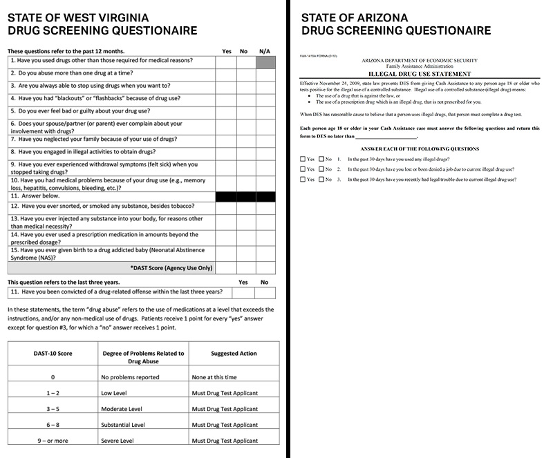 Drug screening questionnaires from West Virginia and Arizona