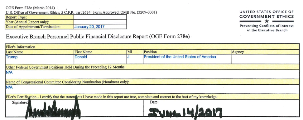 Signature page of Trump's financial disclosure, filed June 14, 2017