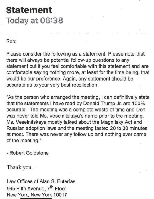 Email from Donald Trump Jr.'s attorney to Rob Goldstone