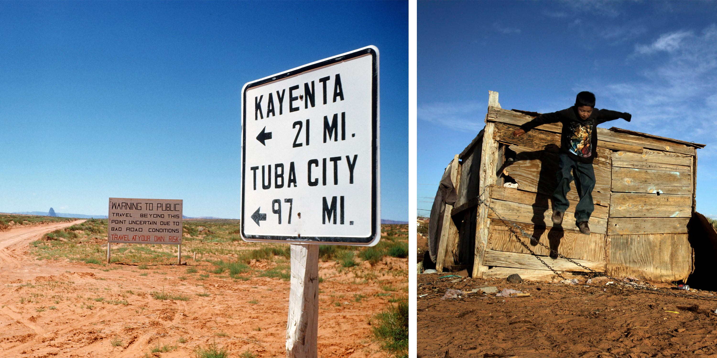 Left: A sign taken through a windshield of a car driving through Arizona. Right: Julio Almeida, 8, jumps off one of the rickety shacks that litter the backyard where he lives, not far from Tuba City. (Photos by Ivan Dmitri/Michael Ochs Archives and Barbara Davidson/Los Angeles Times via Getty Images)