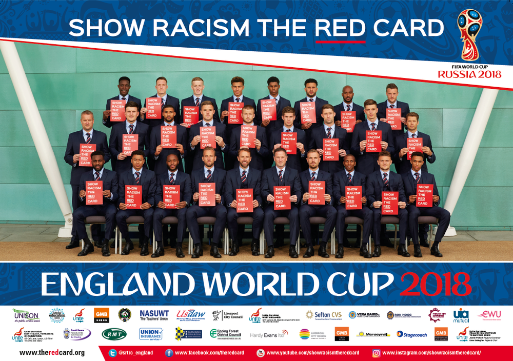 A promotional photo of England's 2018 World Cup team for Britain's anti-discrimination charity "Show Racism the Red Card"