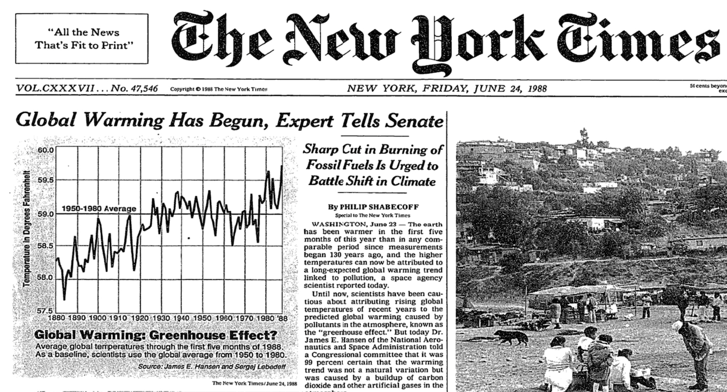 NY Times story on James Hansen's famous global warming testimony in June 1988.