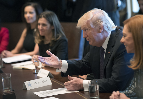 U.S. President Donald Trump gestures during a roundtable discussion on the advancement of women business leaders. (Credit: Kevin Dietsch/Pool via Bloomberg)