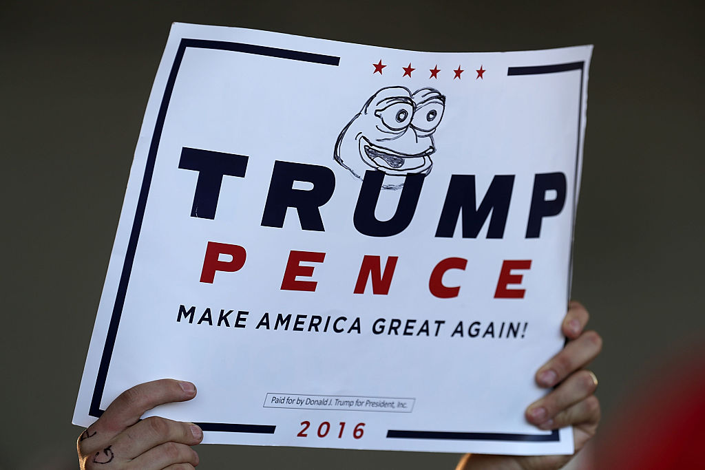 FILE PICTURE: A supporter holds a campaign sign for Republican presidential nominee Donald Trump with 'Pepe the Frog' drawn on it during a rally in the Sun Country Airlines Hangar at MinneapolisÐSaint Paul International Airport November 6, 2016 in Minneapolis, Minnesota. (Photo by Chip Somodevilla/Getty Images)