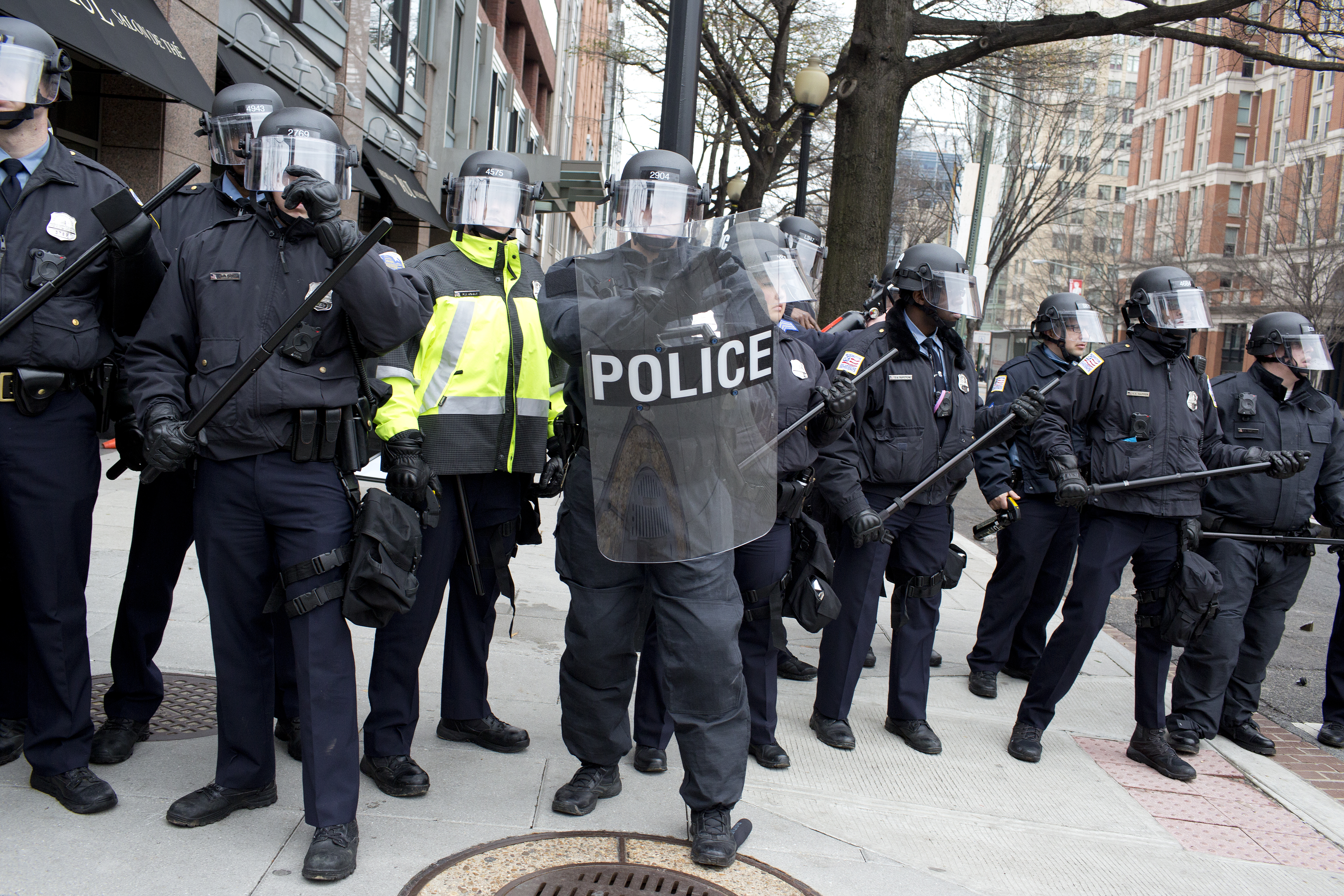 Police fill the streets of downtown Washington, D.C. on the afternoon of Donald Trump's presidential inauguration on January 20, 2017. (CREDIT: Andrew Lichtenstein/Corbis via Getty Images)