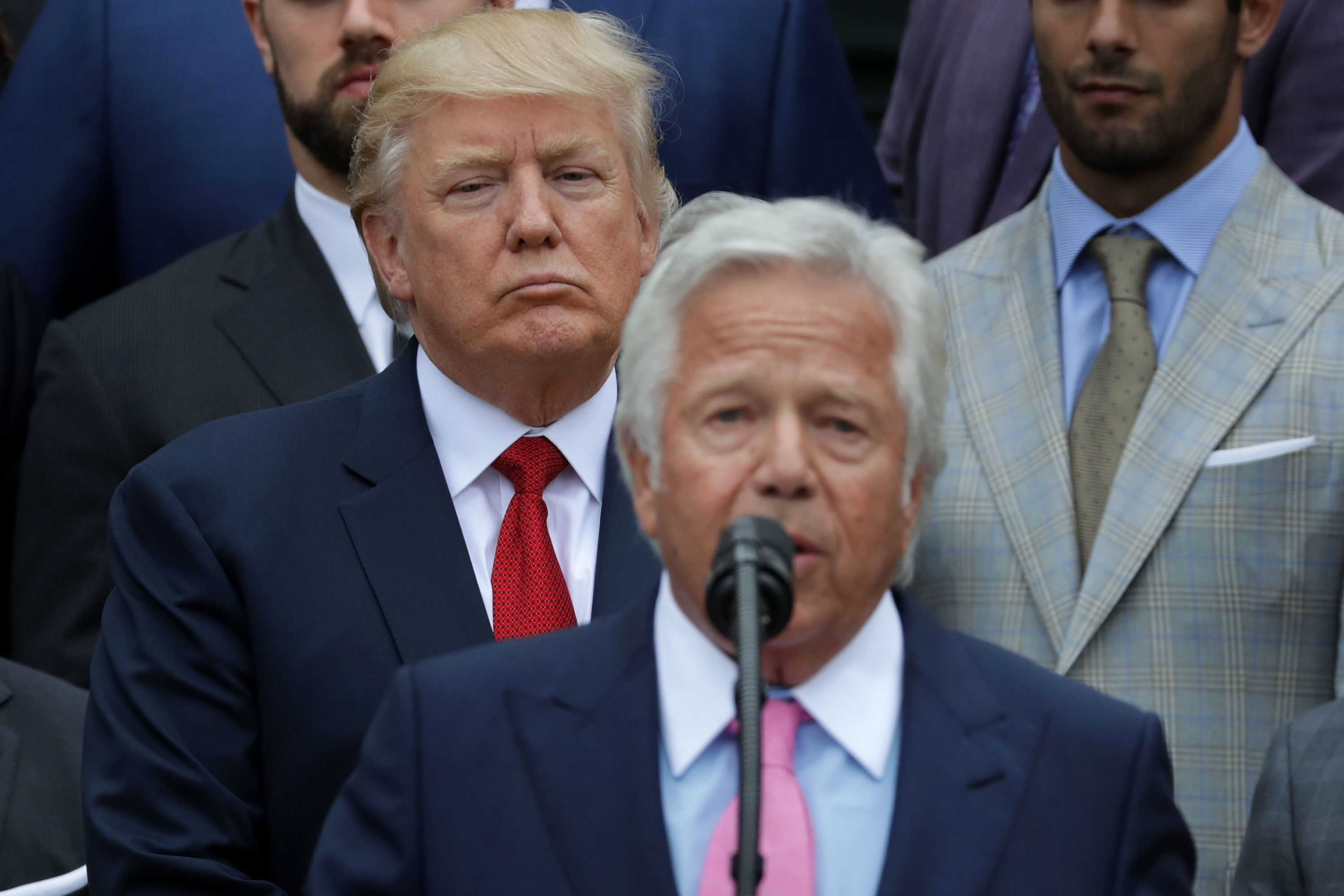 WASHINGTON, DC - APRIL 19: New England Patriots owner Robert Kraft (C) delivers remarks during an event celebrating the team's Super Bowl win hosted by U.S. President Donald Trump on the South Lawn at the White House April 19, 2017 in Washington, DC. It was the team's fifth Super Bowl victory since 1960. (Photo by Chip Somodevilla/Getty Images)