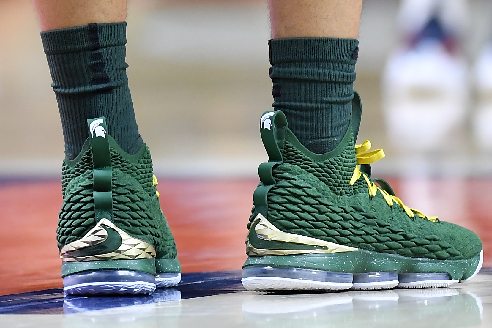 CHAMPAIGN, IL - JANUARY 22: A general view of the shoes worn by Michigan State Spartans guard Miles Bridges (22) during the game between the Illinois Fighting Illini and the Michigan State Spartans on January 22, 2018 at the State Farm Center in Champaign, Illinois. (Photo by Quinn Harris/Icon Sportswire via Getty Images)