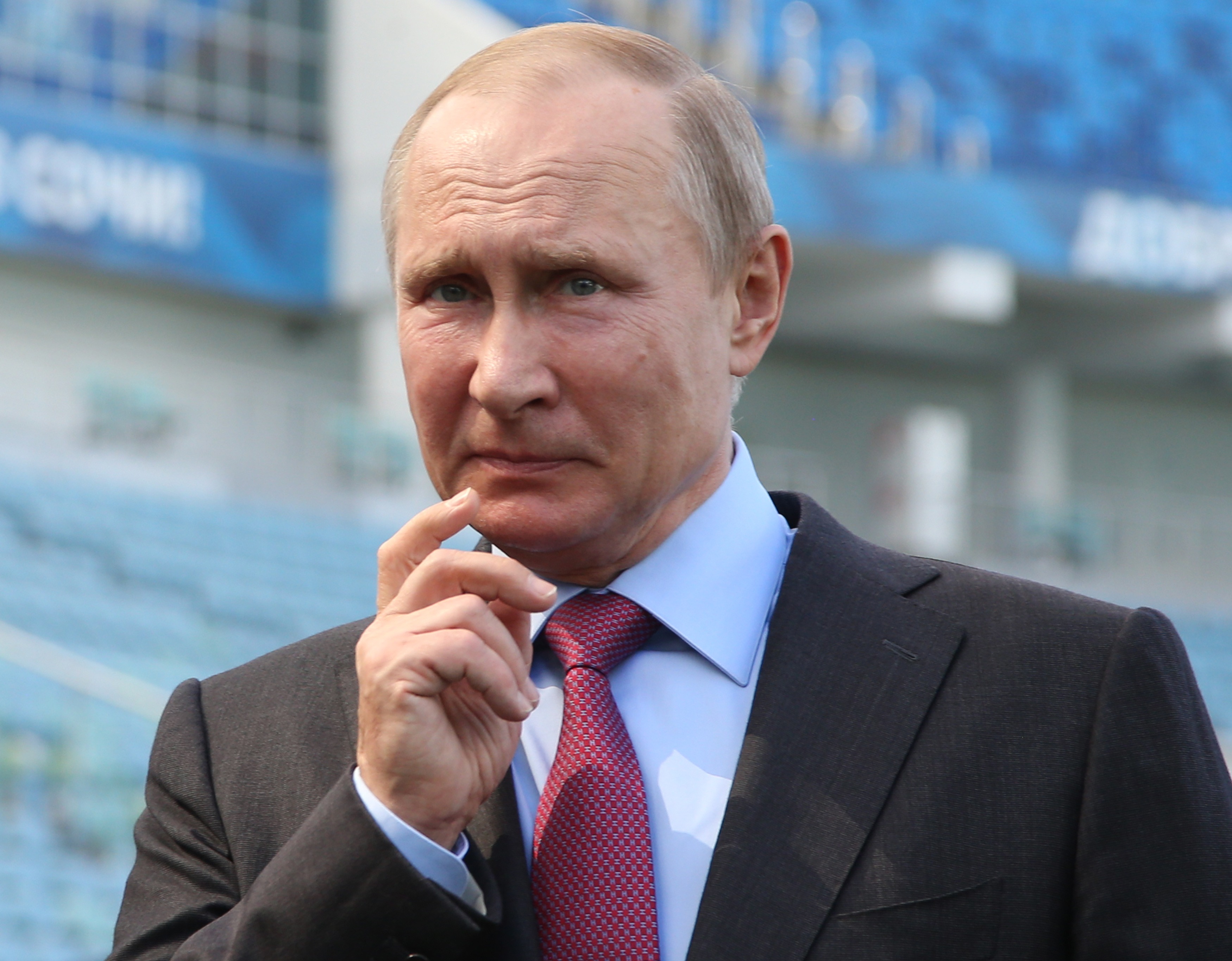 SOCHI, RUSSIA - MAY 3: (RUSSIA OUT) Russian President Vladimir Putin speeches while visiting the Fisht Olympic Stadium May 3, 2018 in Sochi, Russia.. Vladimir Putin and Gianni Infantino have inspected the Fisht Olympic Stadium, hosting the 2018 FIFA World Cup Russia. (Photo by Mikhail Svetlov/Getty Images)