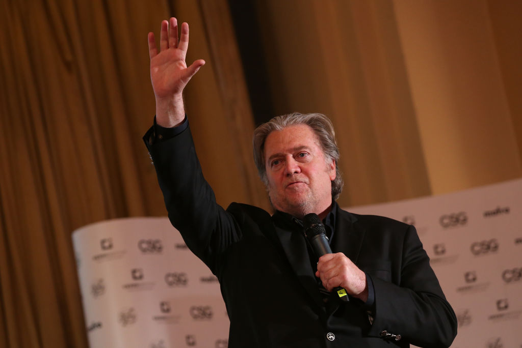 PRAGUE, CZECH REPUBLIC - MAY 22: Steve Bannon, former White House Chief Strategist to U.S. President Donald Trump, speaks at a debate with Lanny Davis, former special counsel to Bill Clinton, at Zofin Palace on May 22, 2018 in Prague, Czech Republic. The debate, moderated by former Czech ambassador to the U.S. Alexandr Vondra, was over the current course of America and was sponsored by Czechoslovak Group, a holding company of Czech and Slovak defense industry companies. (Photo by Sean Gallup/Getty Images)