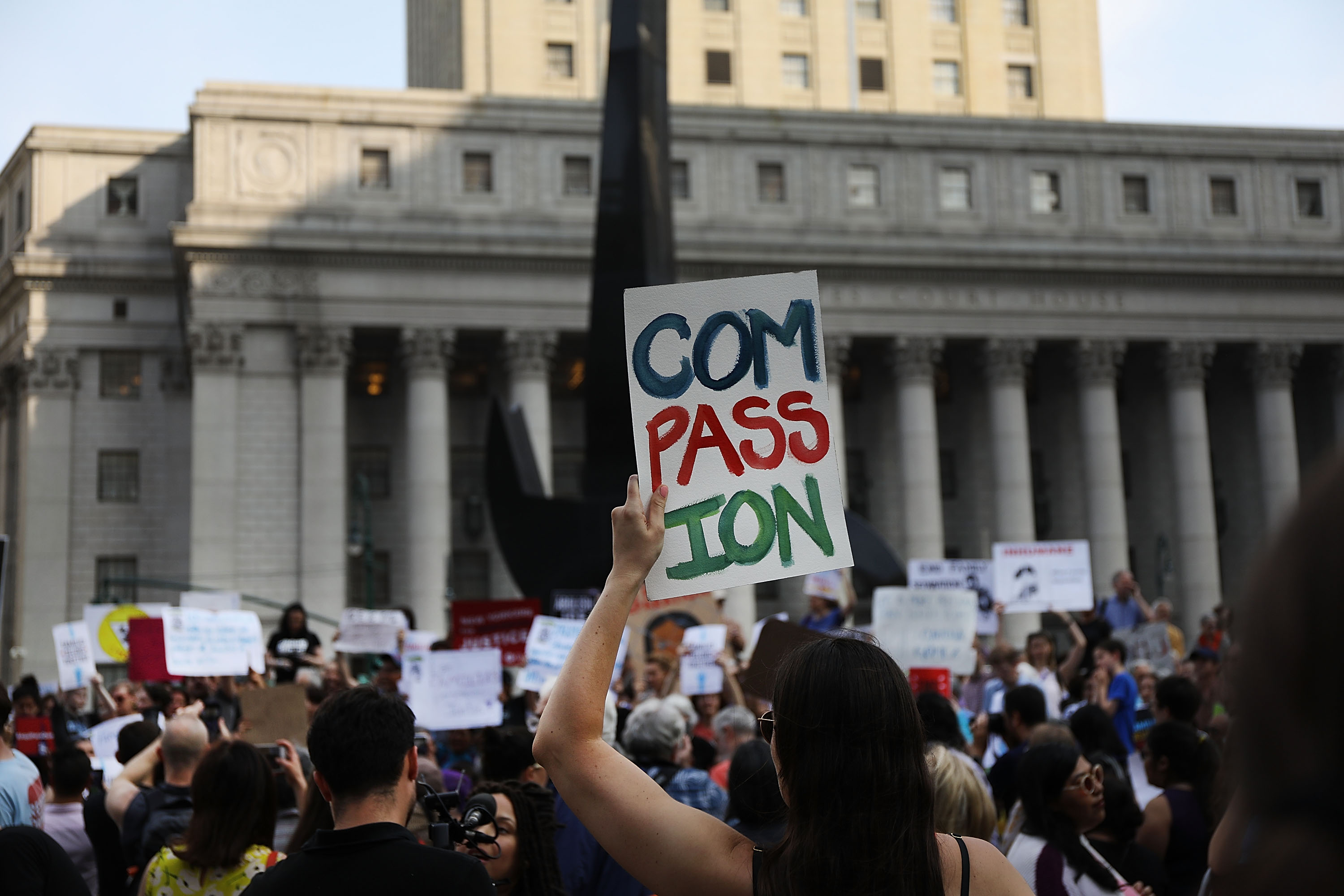 Hundreds of immigrant rights advocates and others participate in rally and and demonstration at the Federal Building in lower Manhattan against the Trump administration's policy that enables federal agents to take migrant children away from their parents at the border on June 1, 2018 in New York, United States. CREDIT: Spencer Platt/Getty Images