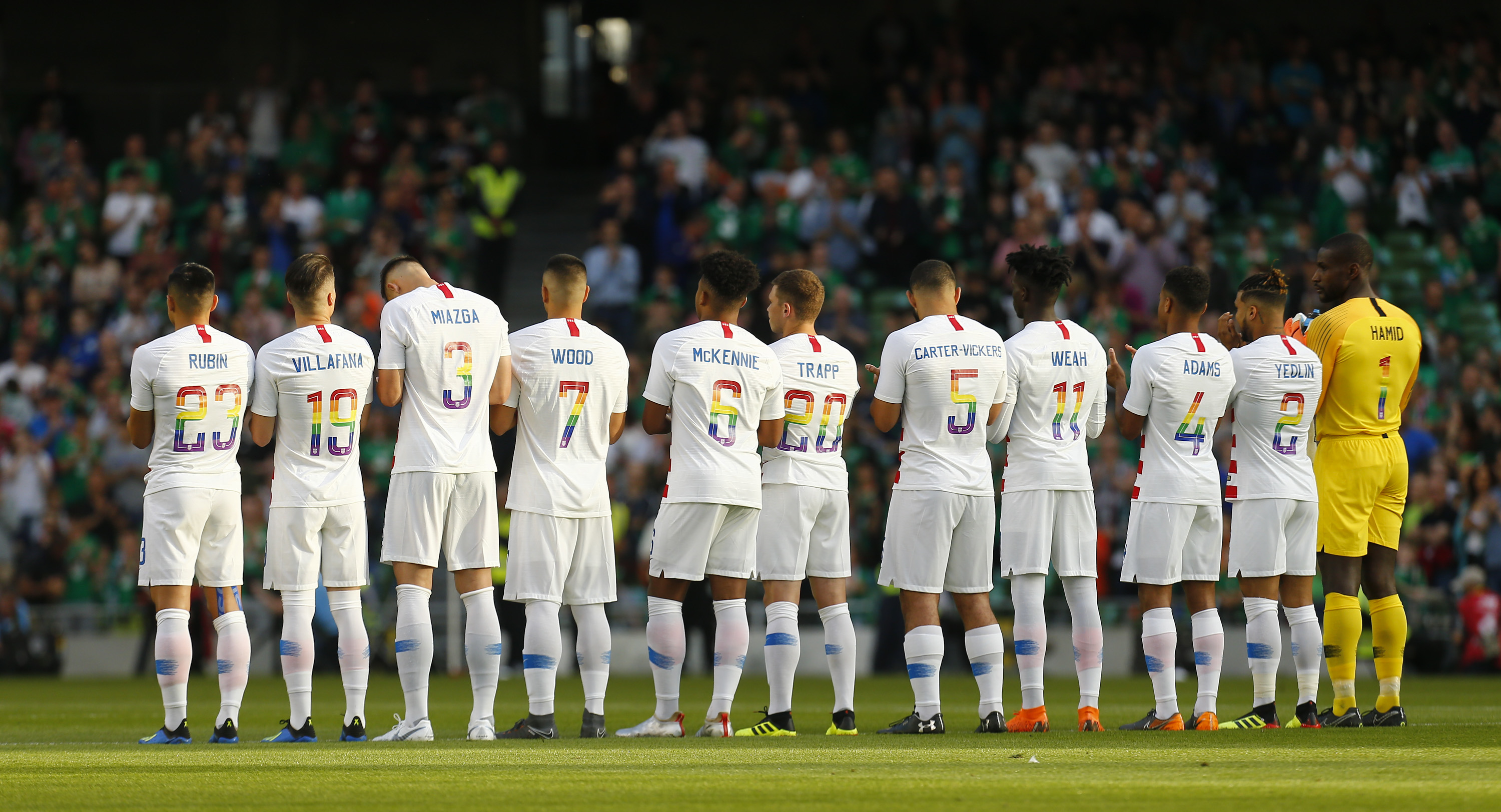 2nd June 2018, Aviva Stadium, Dublin, International Football Friendly, Ireland versus USA; The USA team with LGBT coloured team numbered jerseys (photo by Peter Fitzpatrick/Action Plus via Getty Images)