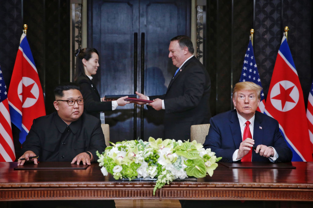 Trump claimed in an interview with ABC News this week that the North Korean people loved leader Kim Jong Un, sparking outcry and renewing discussion of the Kim regime's crimes against humanity. (CREDIT: Kevin Lim/The Strait Times/Handout/Getty Images)