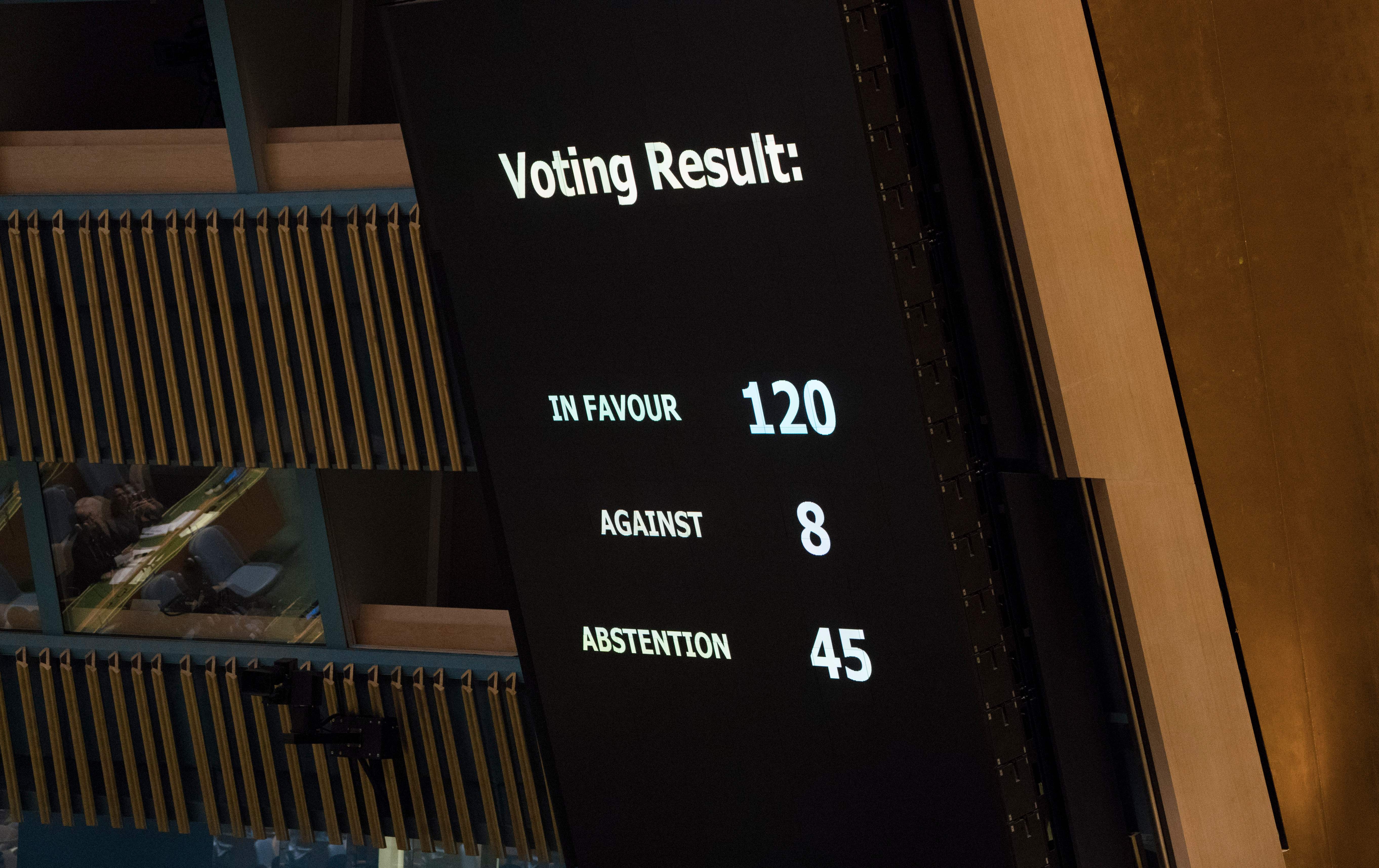 Results are shown of the vote, to condemn Israeli actions in Gaza, in the General Assembly June 13, 2018 in New York. CREDIT: Don Emmert/AFP/Getty Images.