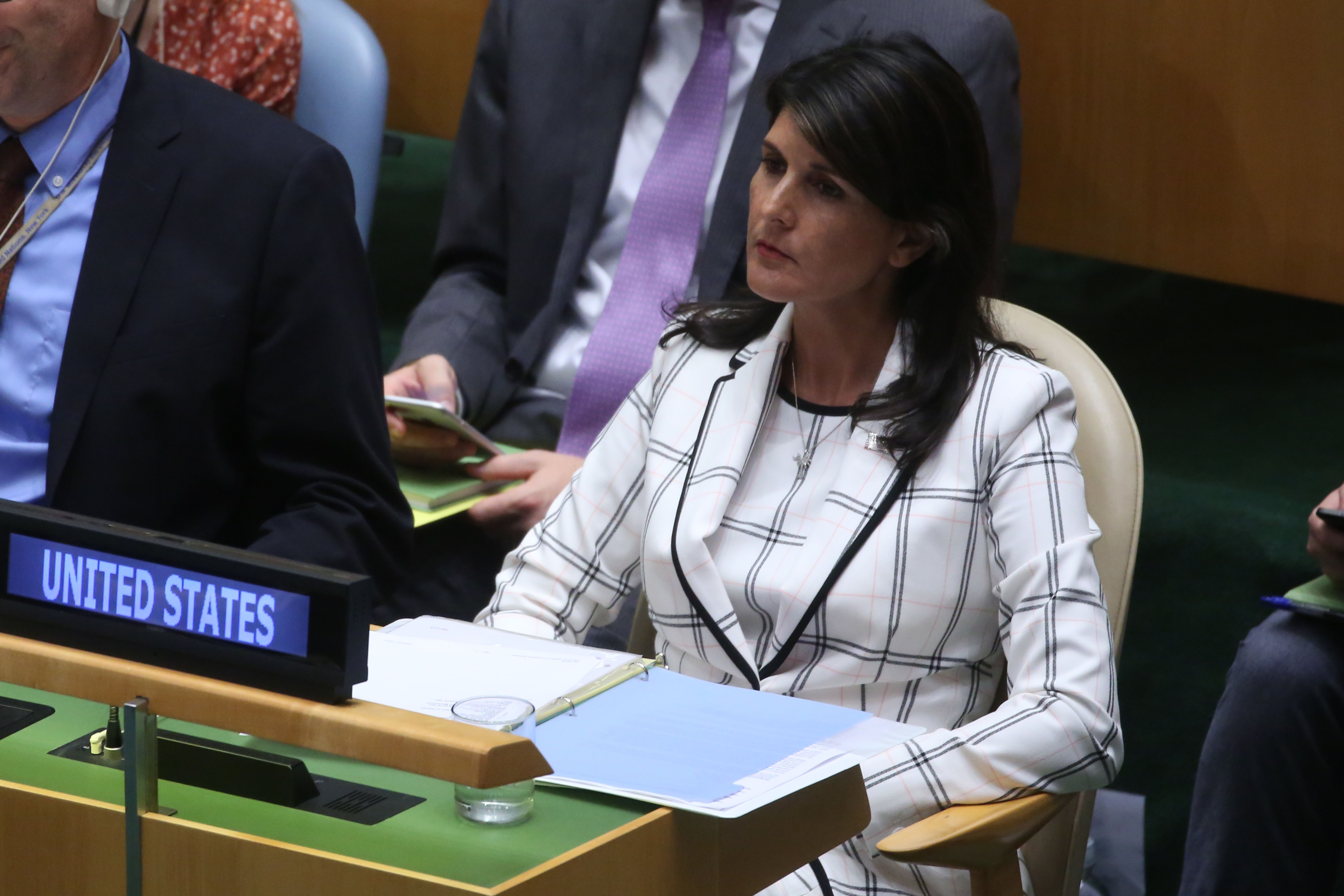 Nikki Haley (attends a voting session to condemn Israeli actions in Gaza, in the United Nations General Assembly on June 13, 2018 in New York, United States. The UN General Assembly adopted by a strong majority of 120 countries an Arab-backed resolution condemning Israel for Palestinian deaths in Gaza and rejected a US bid to put the blame on Hamas. CREDIT: Photo by Mohammed Elshamy/Anadolu Agency/Getty Images.