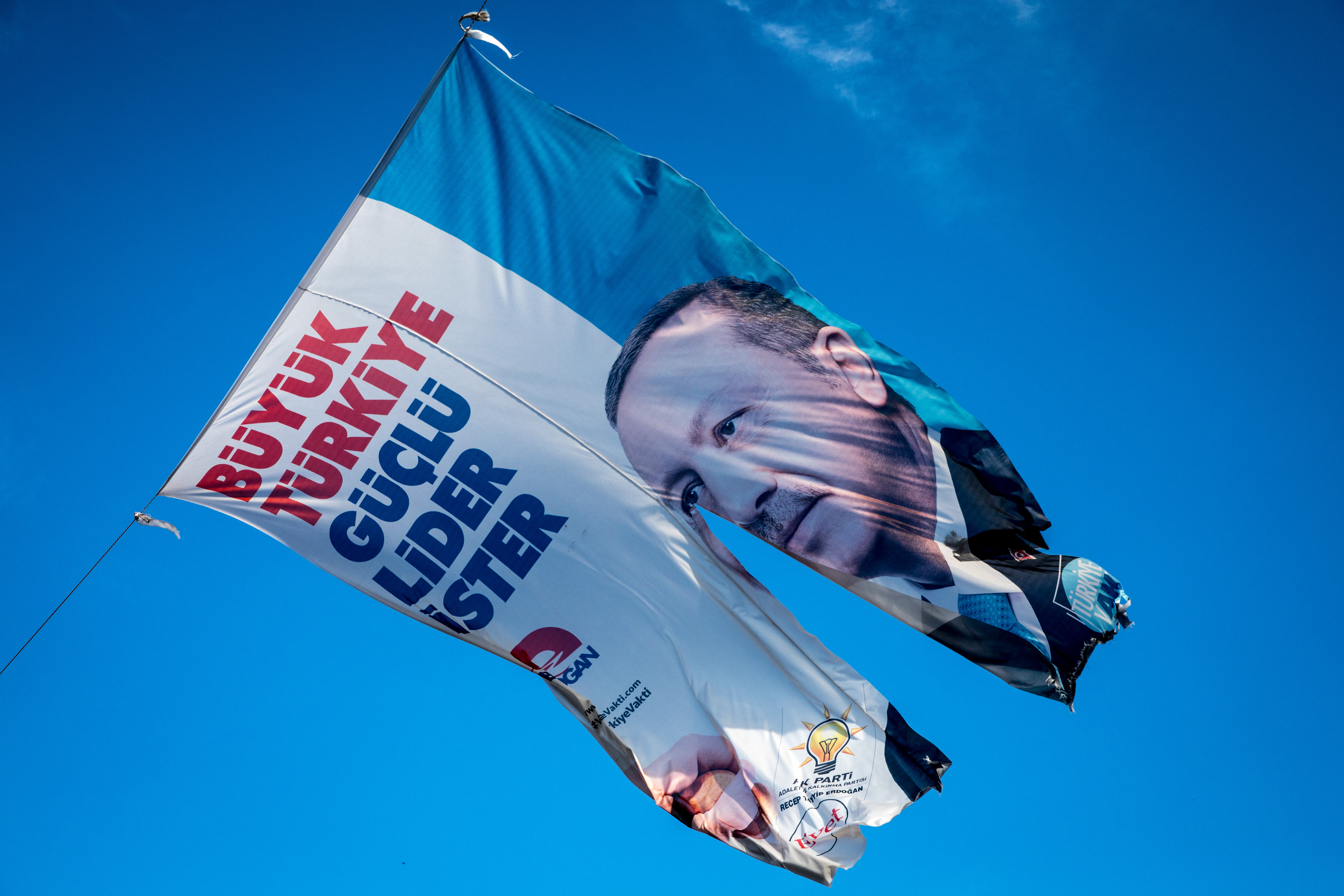 An election banner showing the portrait of Turkey's President Recep Tayyip Erdogan is seen hanging over Eminonu on June 19, 2018 in Istanbul, Turkey. (CREDIT: Chris McGrath/Getty Images)