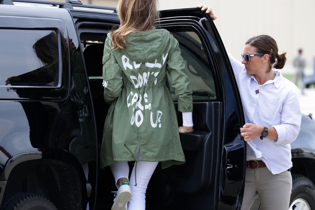 U.S. first lady Melania Trump climbs back into her motorcade after traveling to Texas to visit facilities that house and care for children taken from their parents at the U.S.-Mexico border June 21, 2018 at Joint Base Andrews, Maryland. (CREDIT: Chip Somodevilla/Getty Images)