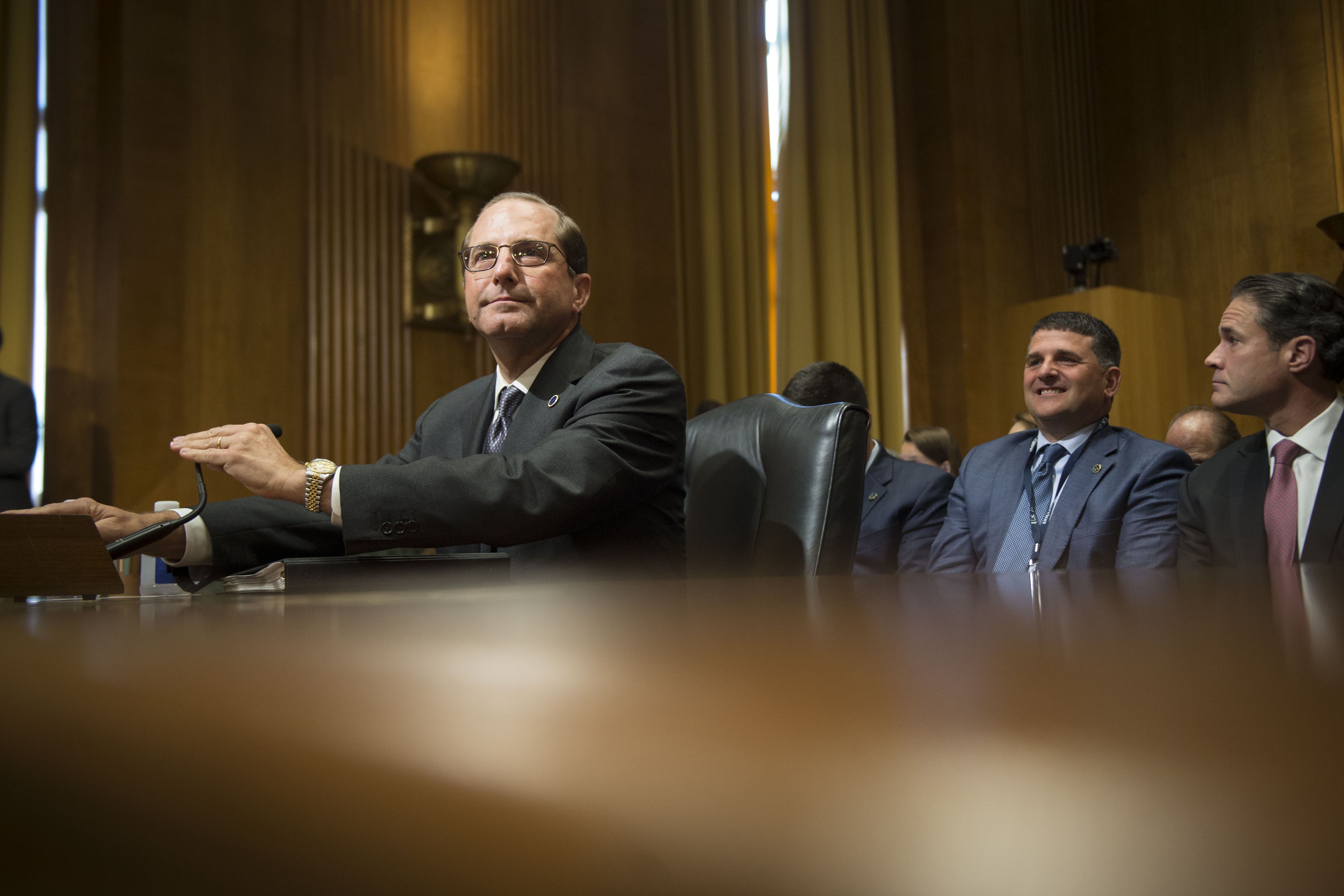 UNITED STATES - June 26: Secretary of Health and Human Services Alex Azar testifying at a hearing called "Prescription Drug Affordability and Innovation: Addressing Challenges in Today's Market" in front of the Senate Finance Committee in the Dirksen Senate Office Building Tuesday June 26, 2018 (Photo By Sarah Silbiger/CQ Roll Call)