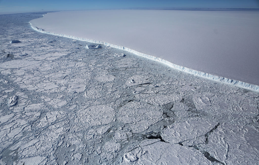 The Delaware-sized iceberg that calved from Antarctica's Larsen C ice shelf in July 2017, as seen from a NASA research aircraft on October 31, 2017. CREDIT: Mario Tama/Getty Images