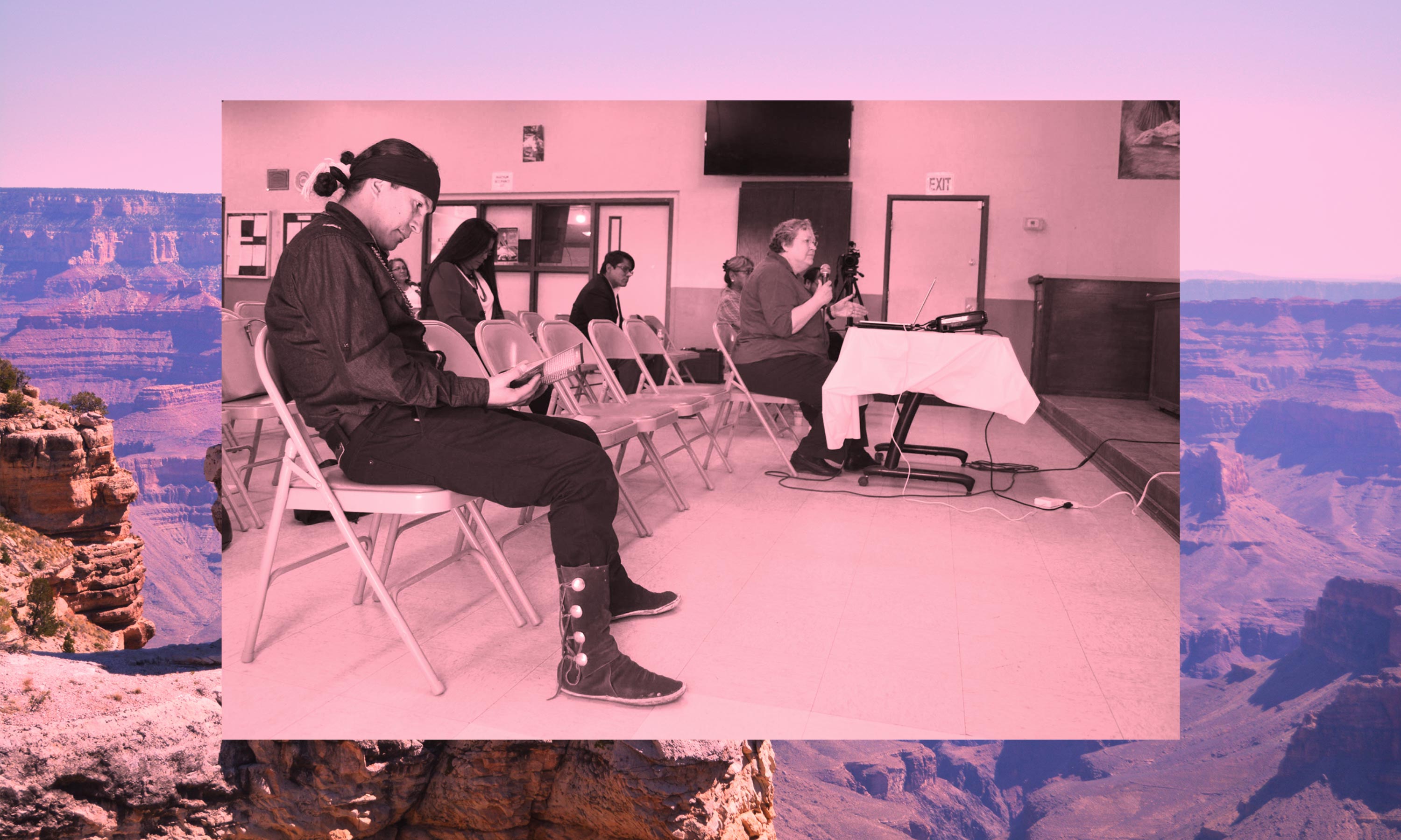 Darrell Marks attends a Native American voting field hearing in Tuba City, Arizona. Credit: Getty Images, Kira Lerner / Illustration by Diana Ofosu