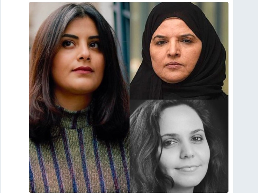 Three of the high-profile activists who remain jailed in Saudi Arabia: Loujain al Hathloul, Eman al-Nafjan and Aziza al-Youssef. CREDIT: Twitter screenshot.