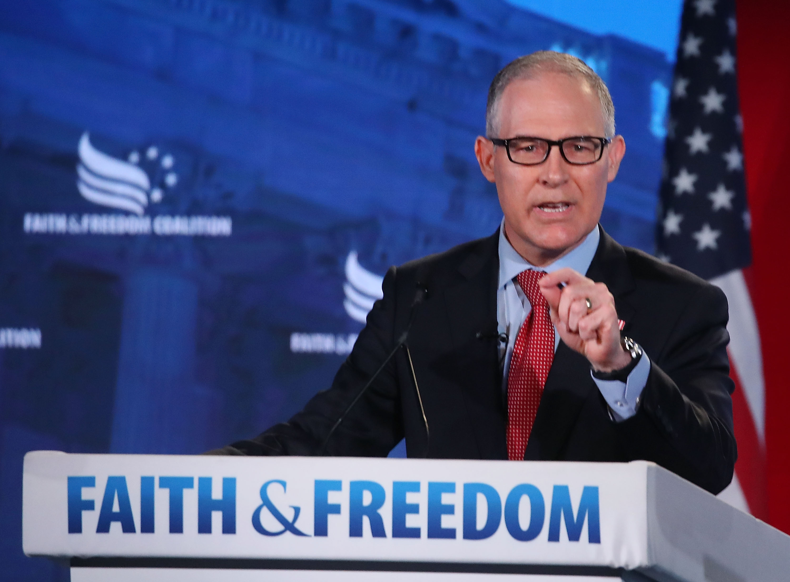EPA Administrator Scott Pruitt speaks at the Faith and Freedom Coalition Road to Majority Policy Conference, at the Omni Shoreham Hotel, on June 8, 2018 in Washington, DC. CREDIT: Mark Wilson/Getty Images