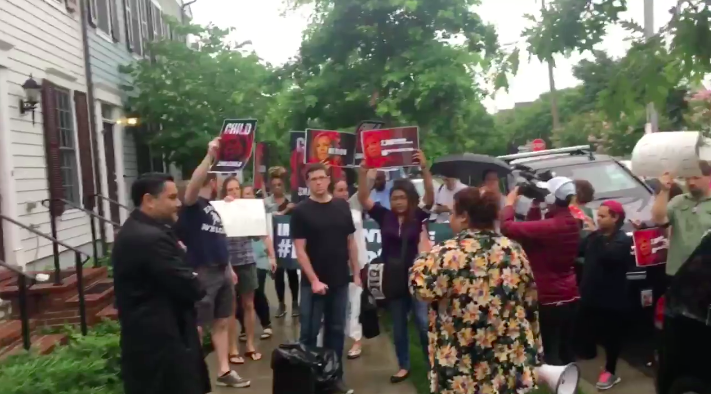 Protesters outside DHS Secretary Kirstjen Nielsen's home on Friday blared audio of detained immigrant children crying for their parents. (CREDIT: Twitter, @Phil_Lewis_)
