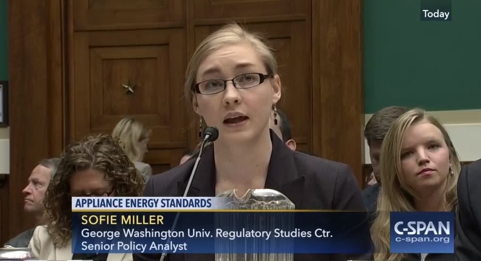 Sofie Miller, who now works as an energy efficiency policy adviser at the Department of Energy, testifies before a House committee hearing on June 20, 2016. CREDIT: screenshot/CSPAN