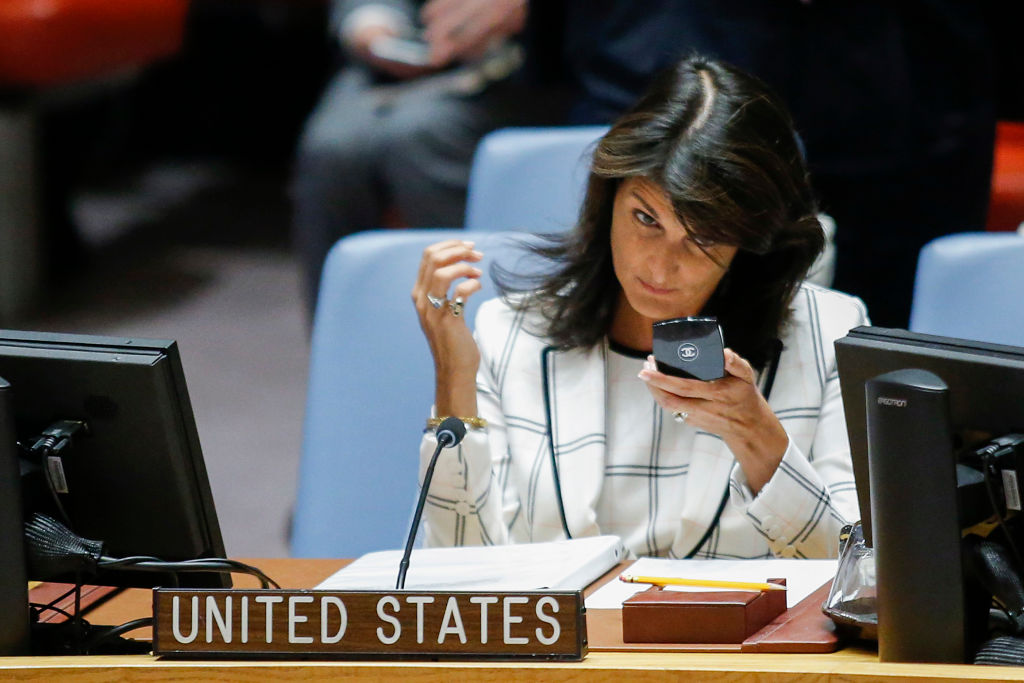 NEW YORK, NY - MAY 30: United States Ambassador to the United Nations Nikki Haley checks her hair before the UN Security Council emergency session on Israel-Gaza Conflict at United Nations headquarters on May 30, 2018 in New York City. (Photo by Eduardo Munoz Alvarez/Getty Images)