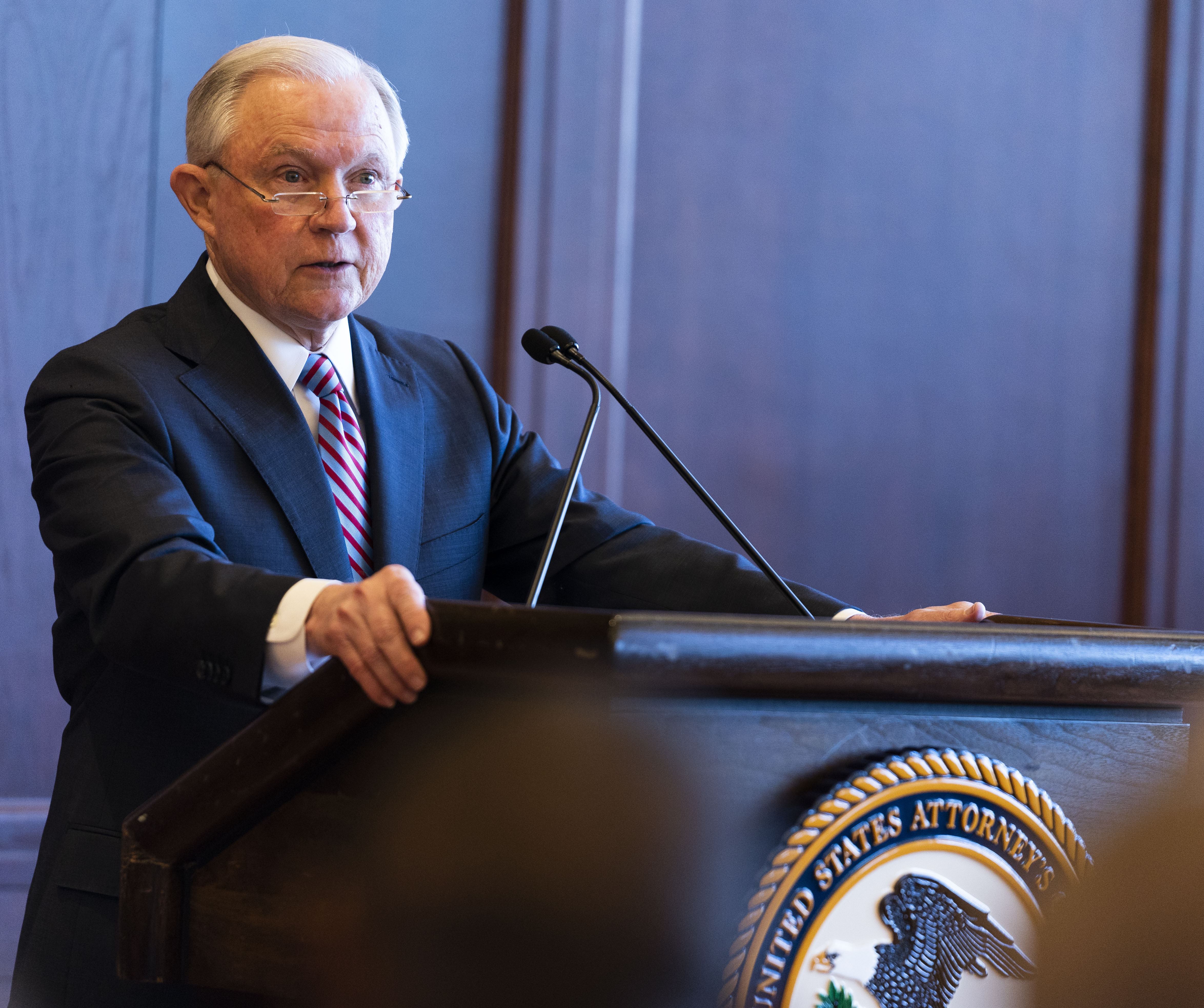 SCRANTON, PA - JUNE 15: U.S. Attorney General Jeff Sessions delivers remarks on immigration and law enforcement actions on at Lackawanna College June 15, 2018 in Scranton, Pennsylvania. (Photo by Jessica Kourkounis/Getty Images)
