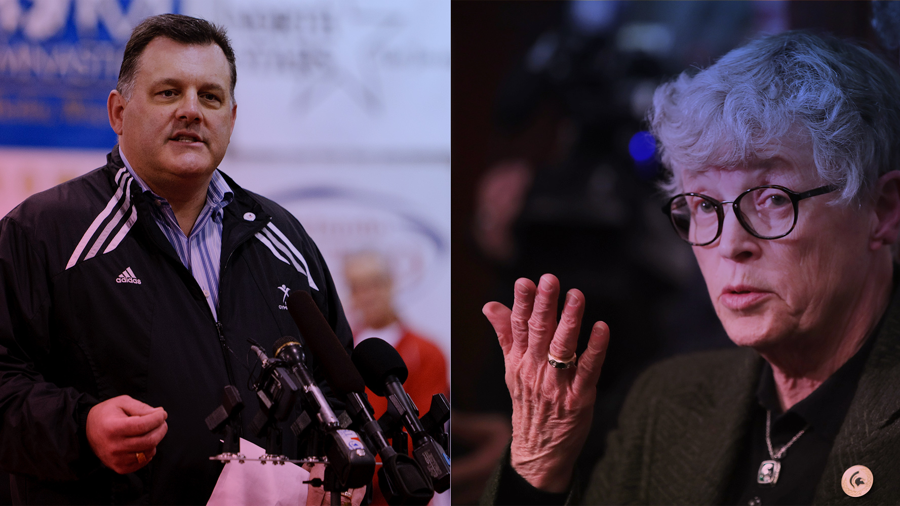 Former USA Gymnastics President Steve Penny (L) and former Michigan State University President Lou Anna K. Simon (R). CREDIT: Getty Images; Diana Ofosu, ThinkProgress