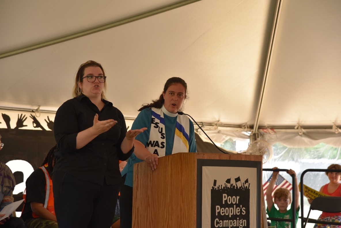 The Rev. Dr. Liz Theoharis addresses the Poor People’s Campaign rally Monday on the National Mall in Washington, D.C. (Think Progress photo - Sam Fulwood III)