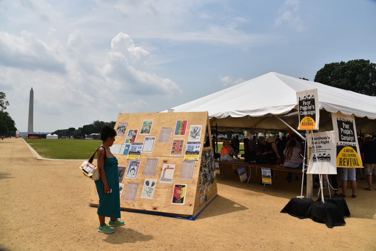 POOR PEOPLE’S CAMPAIGN RALLY TOOK PLACE MONDAY ON THE NATIONAL MALL IN THE SHADOW OF THE WASHINGTON MONUMENT. THIS IS THE SAME SPACE A LARGER CAMPAIGN TOOK PLACE IN 1968. (THINK PROGRESS PHOTO – SAM FULWOOD III)