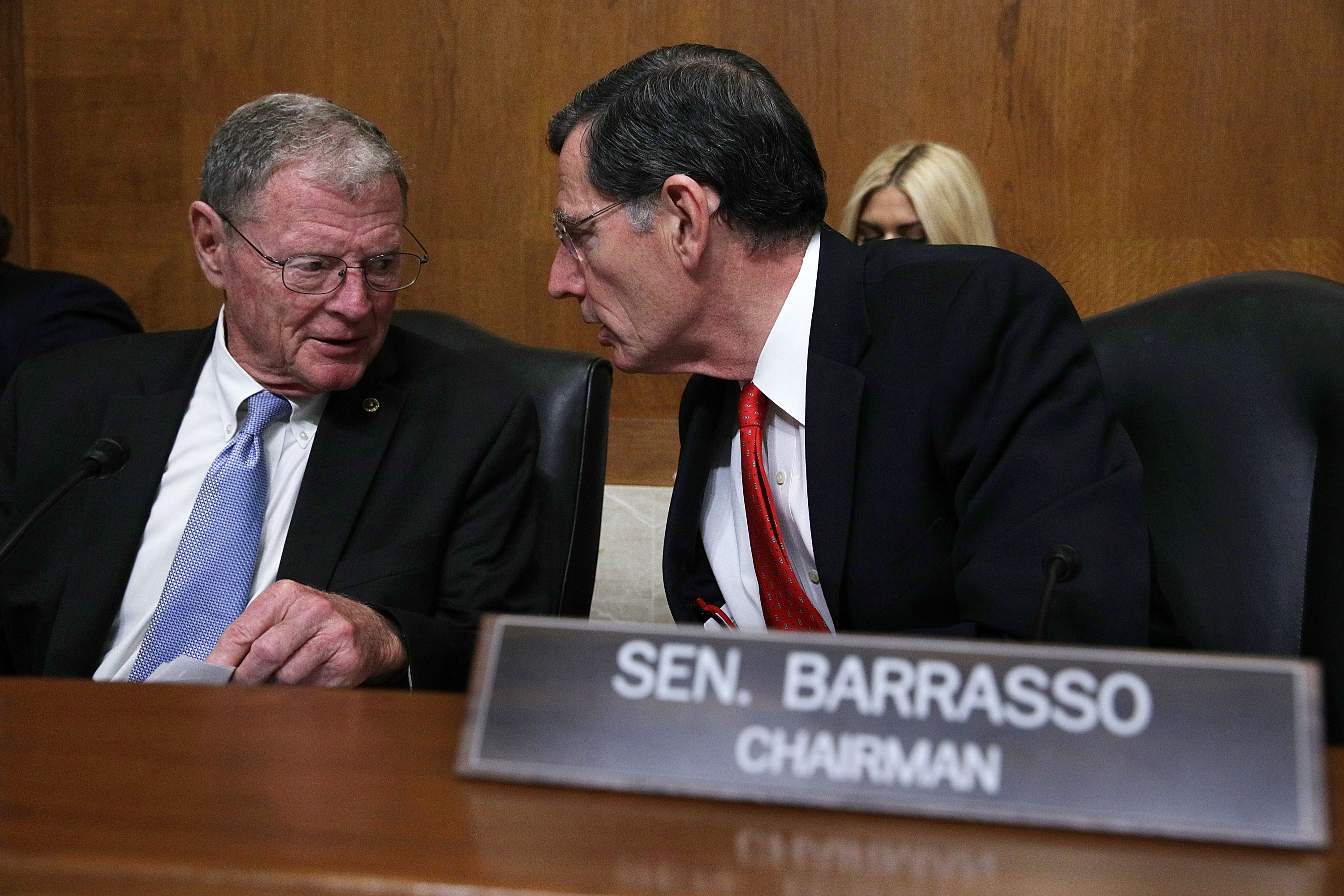 Sen. John Barrasso (R-WY), chairman of the Senate Environment and Public Works Committee (right) and Sen. James Inhofe (R-OK), introduced a bill on July 31, 2018 to weaken the role of states in the review of energy infrastructure project applications. CREDIT: Alex Wong/Getty Images)