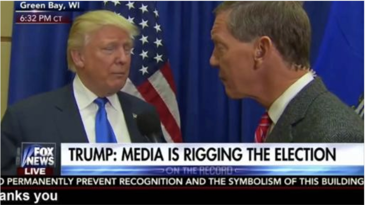 Screenshot of former Fox News Chief Political correspondent interviewing then-candidate Donald Trump in October 2016. CREDIT: Dialogues.org.