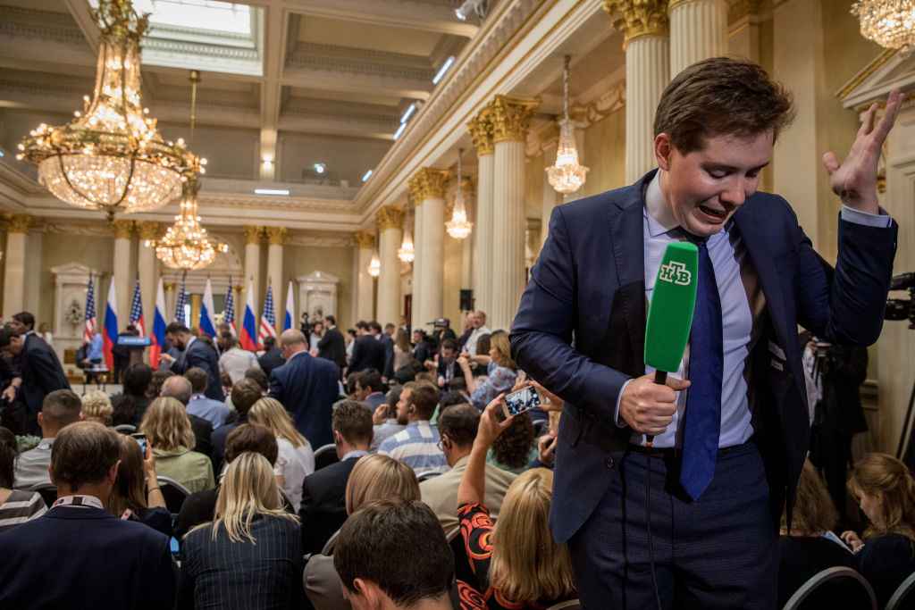 A member of the Russian press before the joint press conference between Donald Trump and Vladimir Putin on July 16, 2018 in Helsinki, Finland. (Chris McGrath/Getty Images)