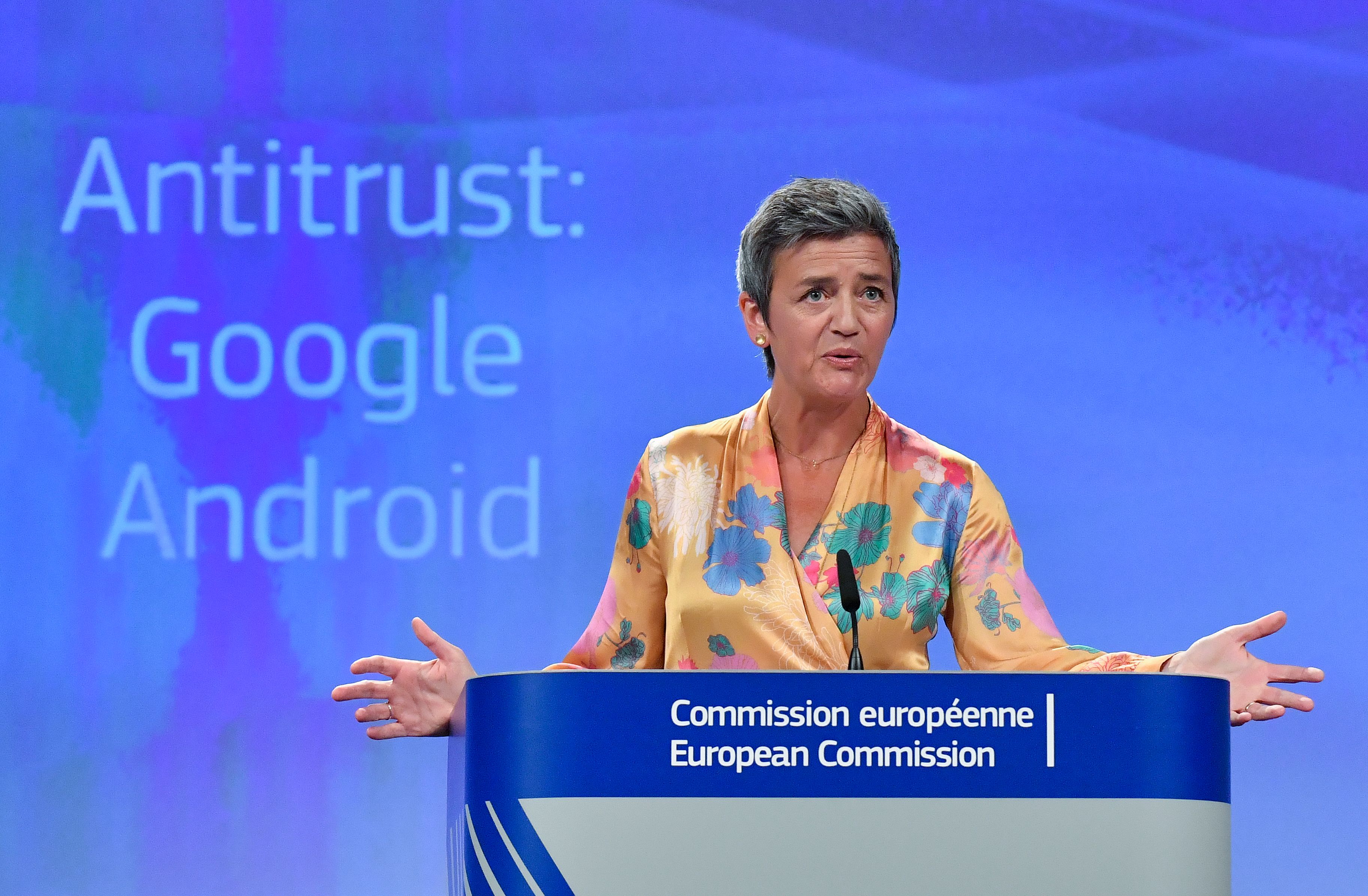 European Union Competition Commissioner Margrethe Vestager gives a joint press at the EU headquarters in Brussels on July 18, 2018. The EU on July 18, 2018 gave Google 90 days to end "illegal" practices surrounding its Android operating system or face further fines, after slapping a record 4.34 billion euro ($5 billion) anti-trust penalty on the US tech giant. (Photo credit: JOHN THYS/AFP/Getty Images)