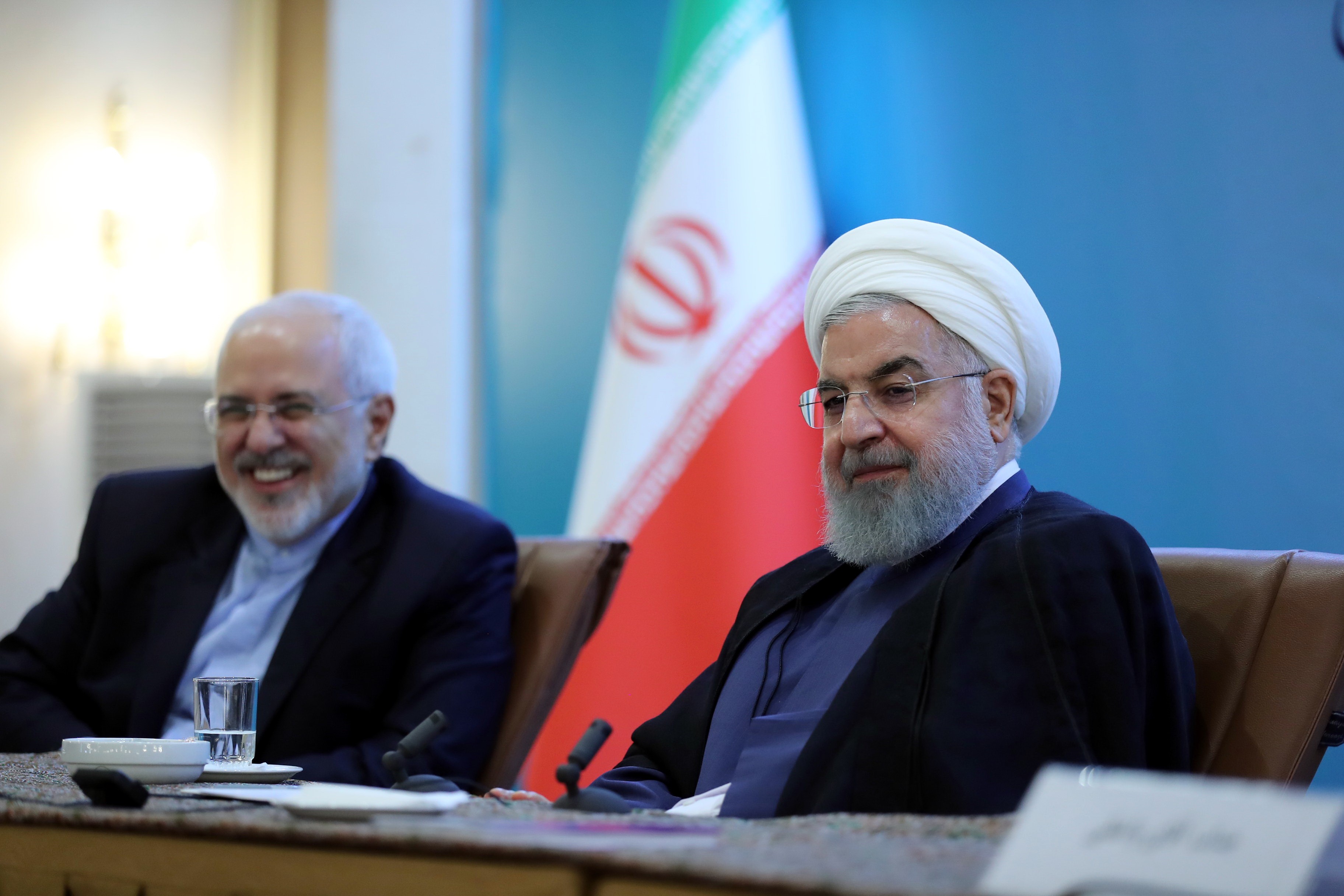 Iranian President Hassan Rouhani makes a speech during a meeting with foreign embassies and diplomatic mission representatives of Iran, with the attendance of Iranian Foreign Minister Javad Zarif in Tehran, Iran on July 22, 2018. CREDIT: Iranian Presidency Handout/Anadolu Agency/Getty Images.