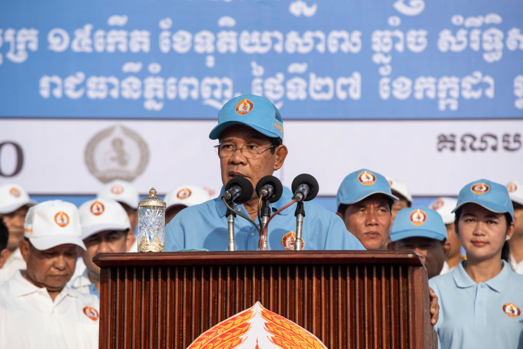 CPP candidate Prime Minister Hun Sen speaks to the crowd gathered in Koh Pich Island in Phnom Penh. (Credit: Enric Català Contreras/SOPA Images/LightRocket via Getty Images)