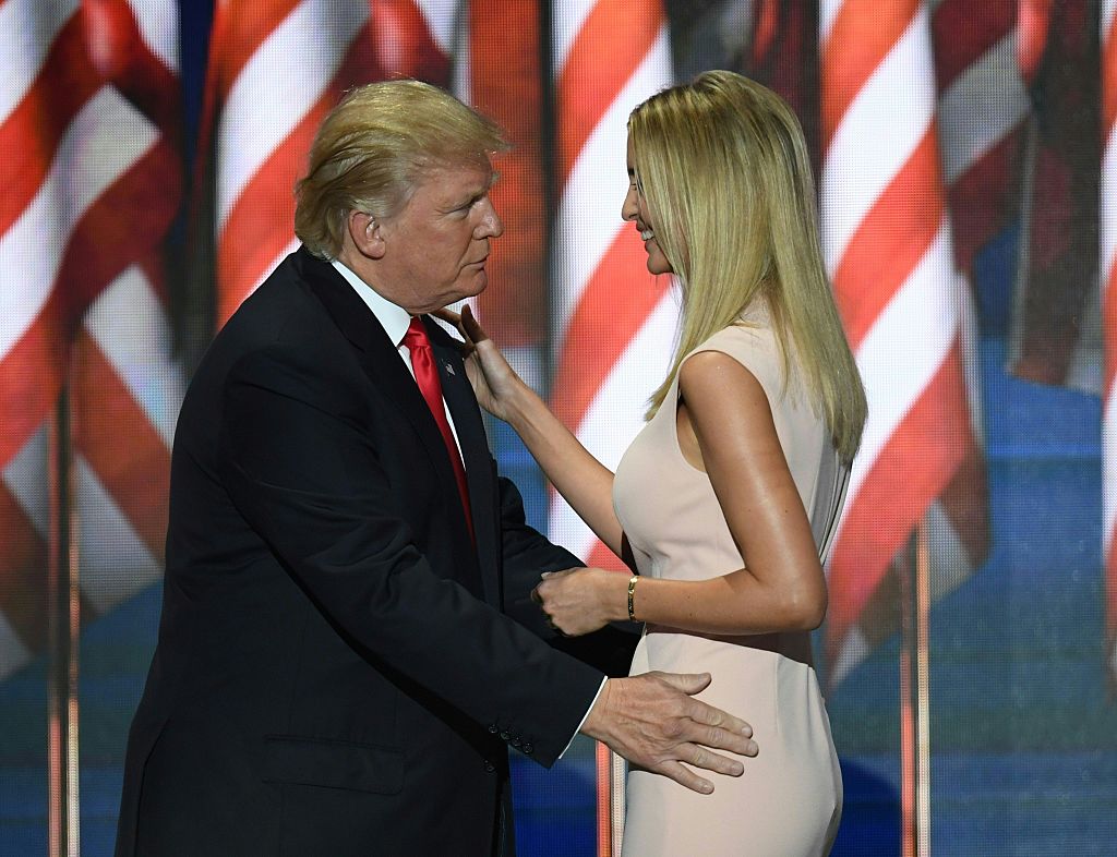 Donald Trump probably just checking out the fabric quality of his daughter's Ivanka Trump Collection dress at the Republican National Convention on July 21, 2016. CREDIT: JIM WATSON/AFP/Getty Images