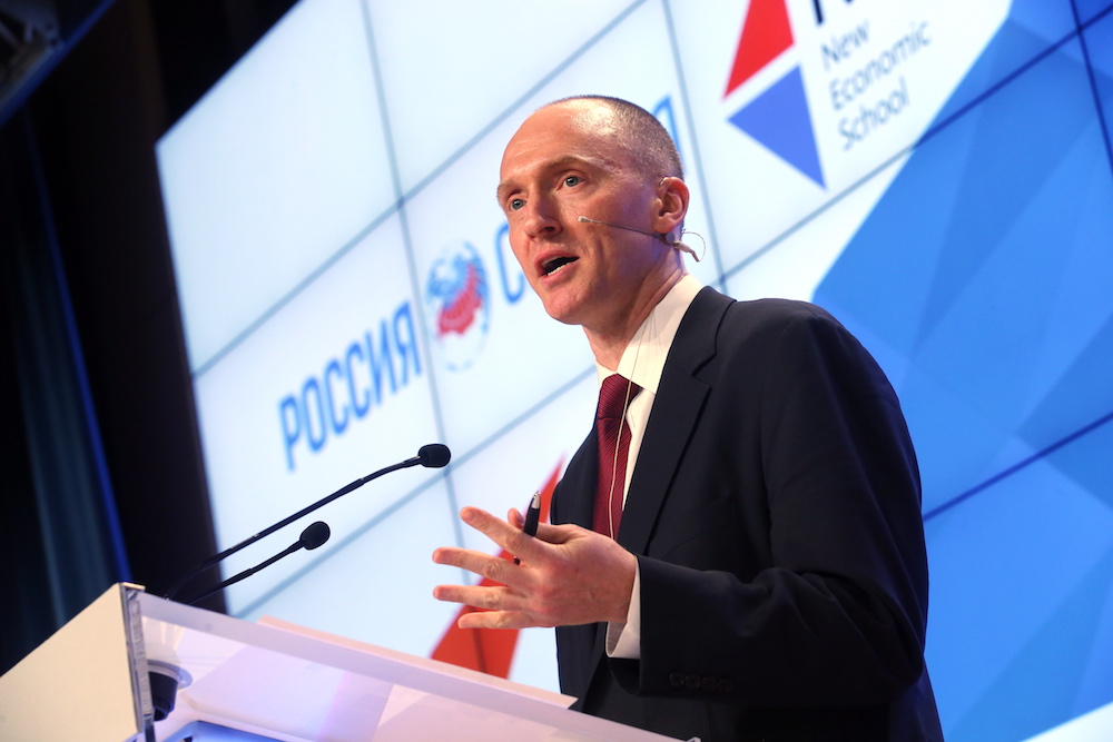 MOSCOW, RUSSIA - DECEMBER 12, 2016: Carter Page, Global Energy Capital LLC Managing Partner and a former foreign policy adviser to U.S. President-Elect Donald Trump, makes a presentation titled " Departing from Hypocrisy: Potential Strategies in the Era of Global Economic Stagnation, Security Threats and Fake News" during his visit to Moscow. Credit: Artyom Korotayev/TASS via Getty Images