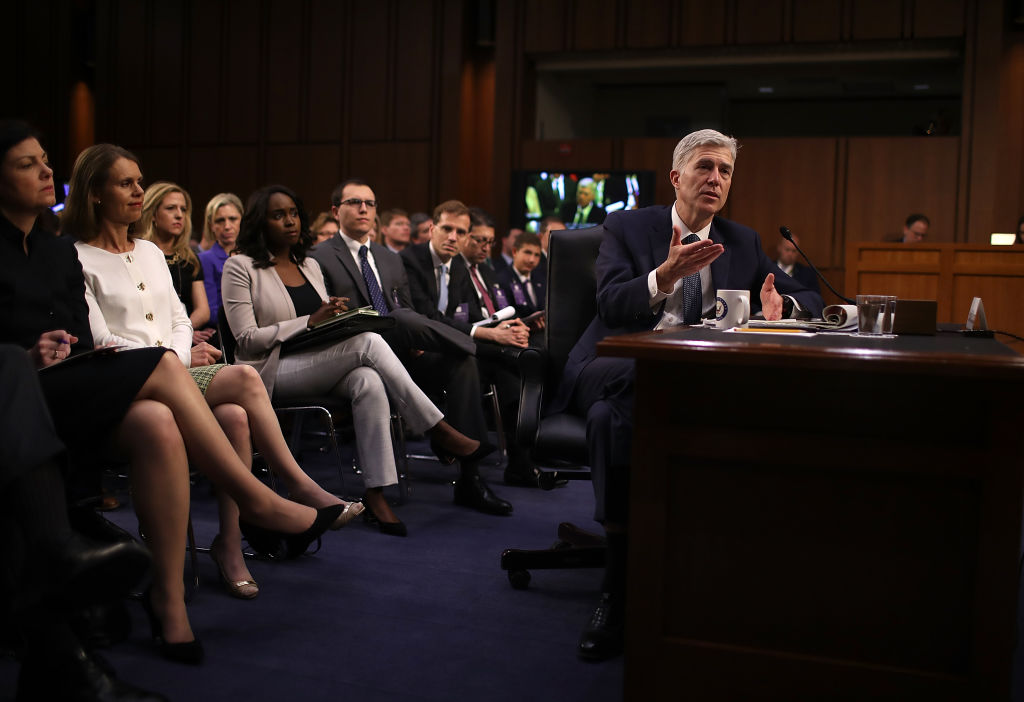 Judge Neil Gorsuch testifies during a farcical proceeding that reveals no useful information. (Photo by Justin Sullivan/Getty Images)