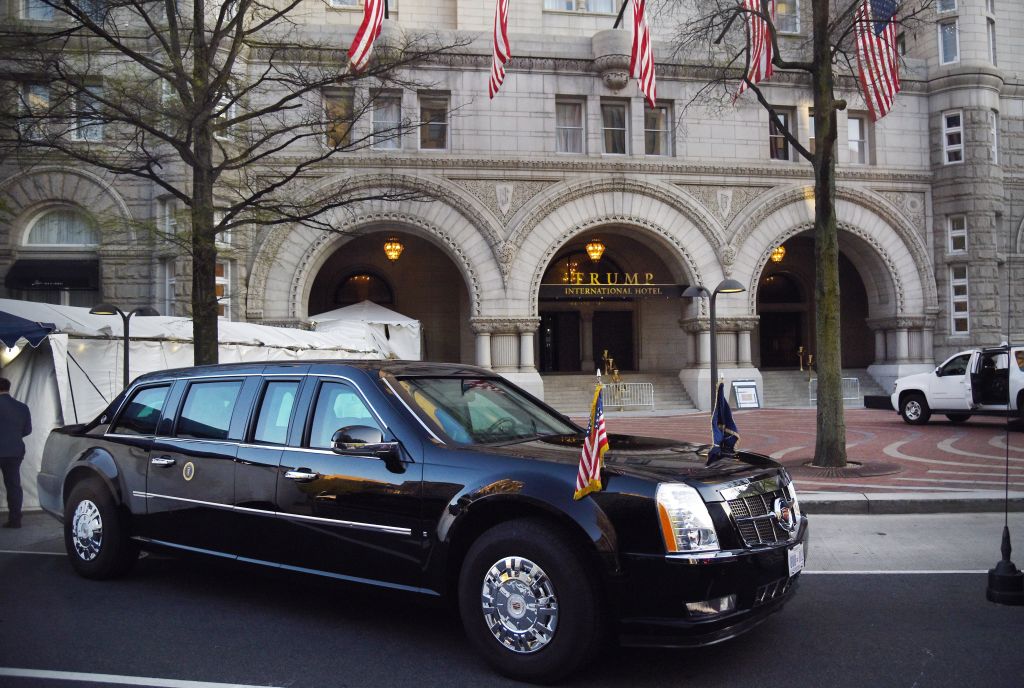 The presidential limousine, aka The Beast, is parked in front of the Trump hotel as US President Donald Trump attends dinner with supporters on April 30, 2018 in Washington, DC. (CREDIT: Photo by Olivier Douliery-Pool/Getty Images)