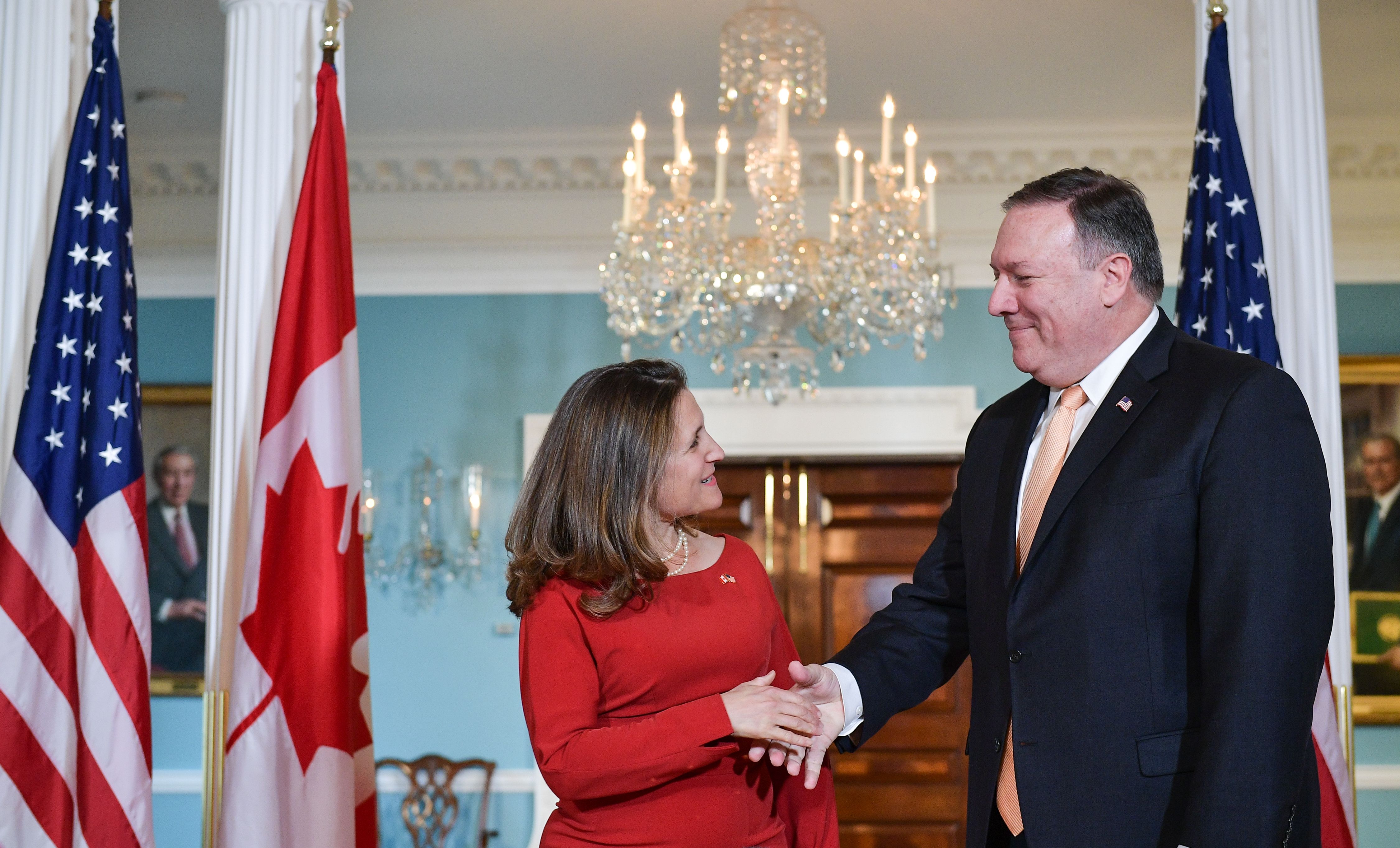 US Secretary of State Mike Pompeo and Canada's Foreign Minister Chrystia Freeland shakes hands ahead of a bilateral meeting at the State Department in Washington, DC on May 11, 2018. CREDIT: MANDEL NGAN/AFP/Getty Images