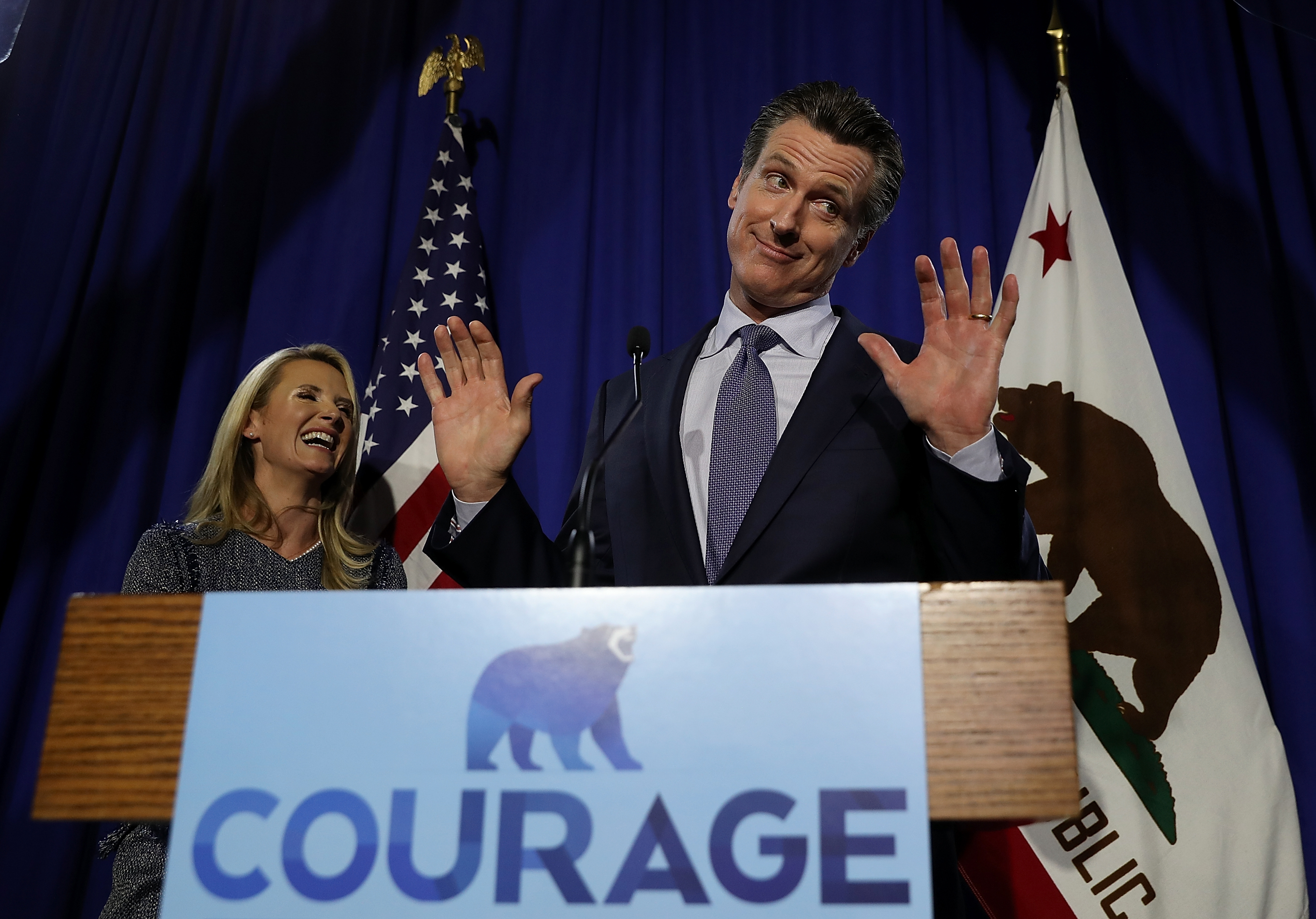 SAN FRANCISCO, CA - JUNE 05: Democratic California gubernatorial candidate Lt. Gov. Gavin Newsom speaks during his primary election night gathering on June 5, 2018 in San Francisco, California. California Lt. Gov. Gavin Newson claimed the top spot in the California gubernatorial primary election ahead of republican candidate John Cox. (Photo by Justin Sullivan/Getty Images)