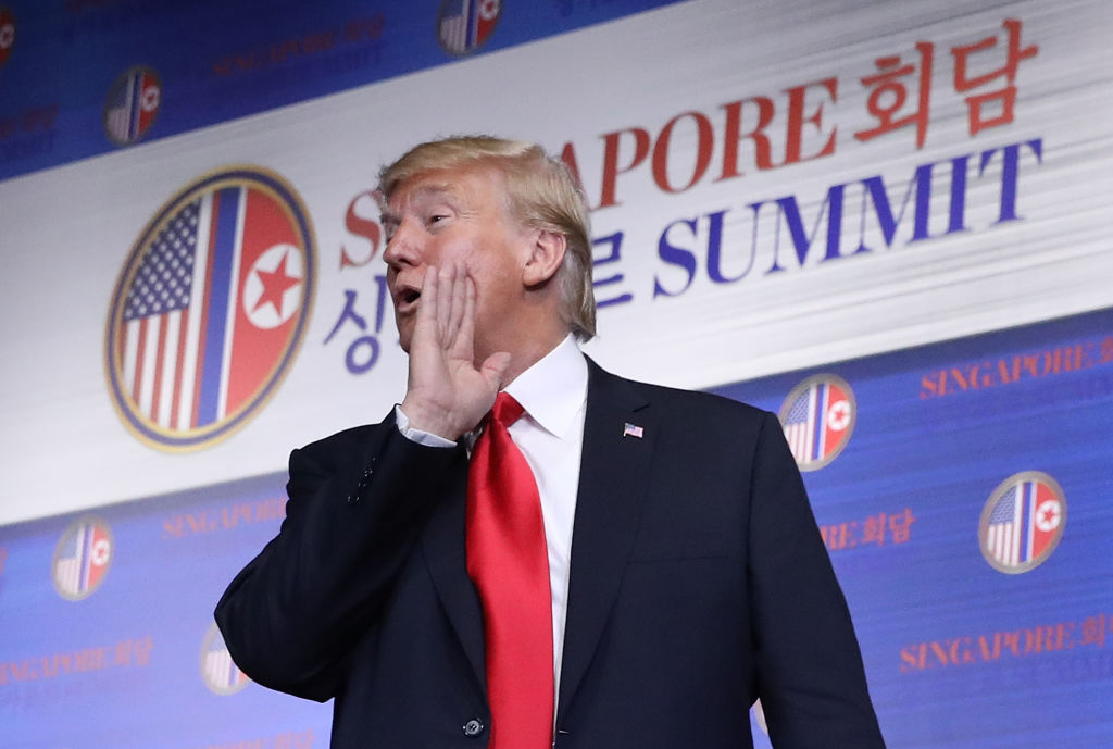 Donald Trump at a press conference, following his June meeting with Kim Jong-un.